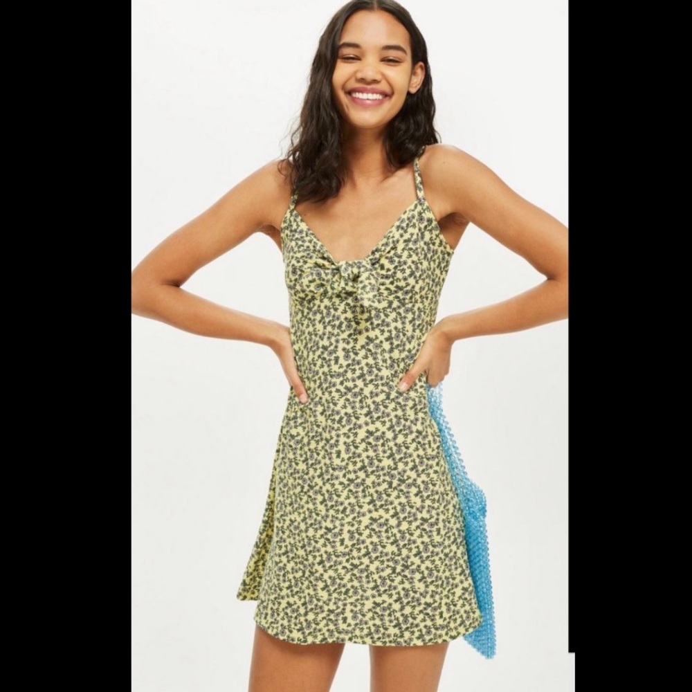 Topshop TALL Ditsy Knot Front Dress in yellow, Size 12 🎀